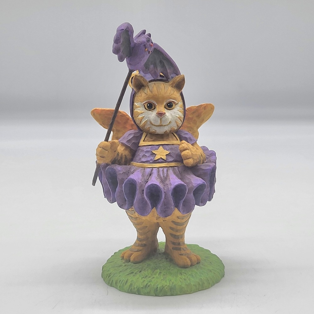 Whimsical Folk Art Halloween Cat Fairy Figurine Faux Carved Resin Vampire Bat